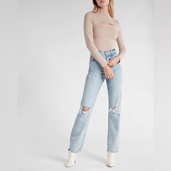 Express New Size L Tan Body Contour Compresssion Cozy Mock Neck Cutout Bodysuit‎ - Picture 3 of 11